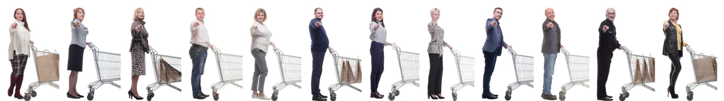 a group of people with a shopping cart point their finger at the camera on a white background