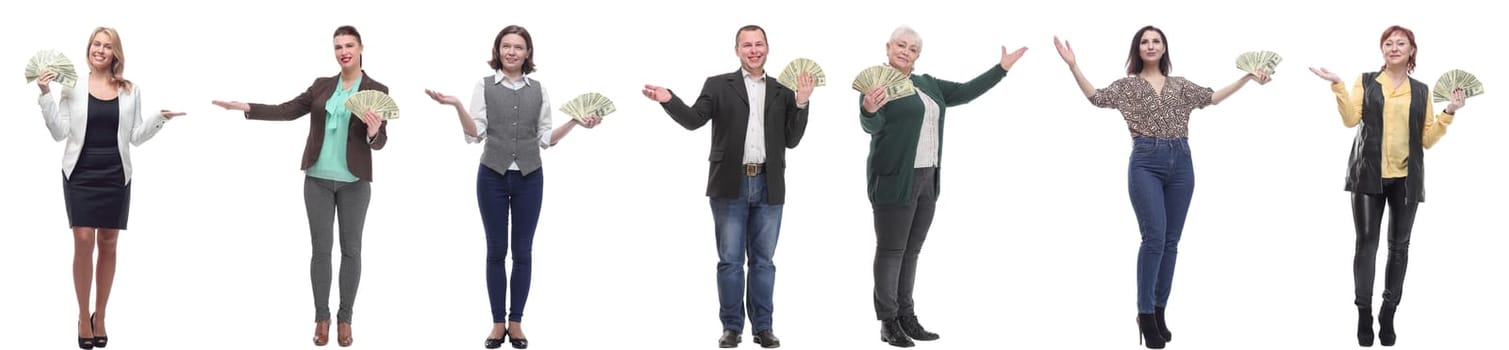 group of successful business people with money isolated on white background