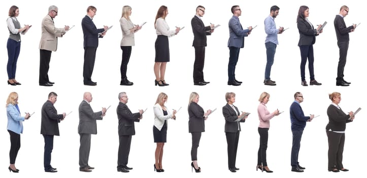group of successful people with notepad in hands isolated on white background