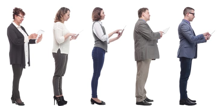 group of people holding tablet and looking ahead isolated on white background