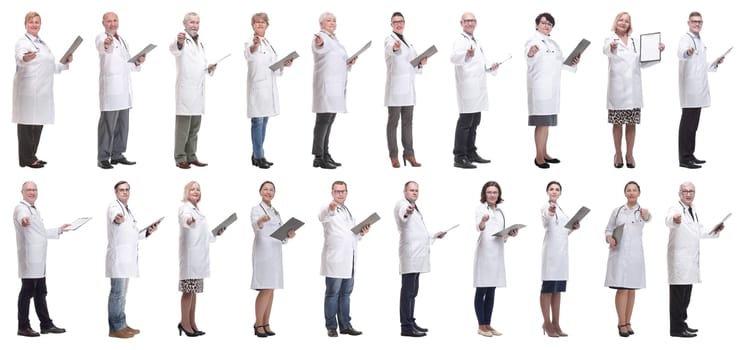 full length group of doctors with notepad isolated on white background