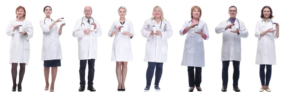 group of doctors holding jar isolated on white background