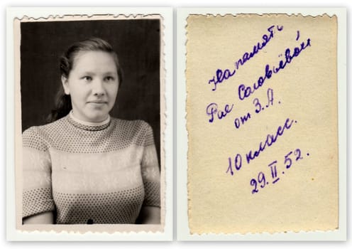 USSR - FEBRUARY 29, 1952: Front and back of vintage portrait shows a young woman. Black and white antique photo.