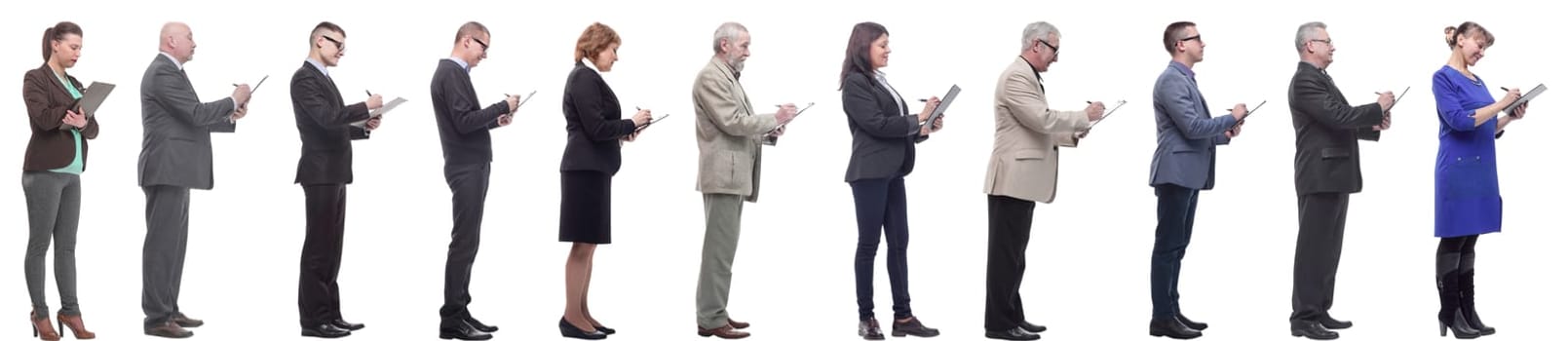 group of successful people with notepad in hands isolated on white background