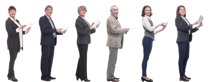 group of people demonstrating tablet looking at camera isolated on white background