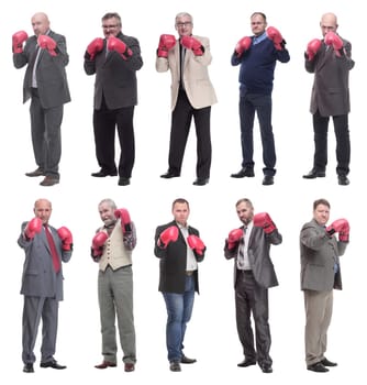 collage of businessmen in boxing gloves isolated on white background