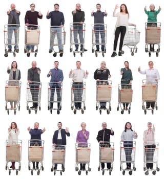 group of people with shopping cart showing thumbs up isolated on white background