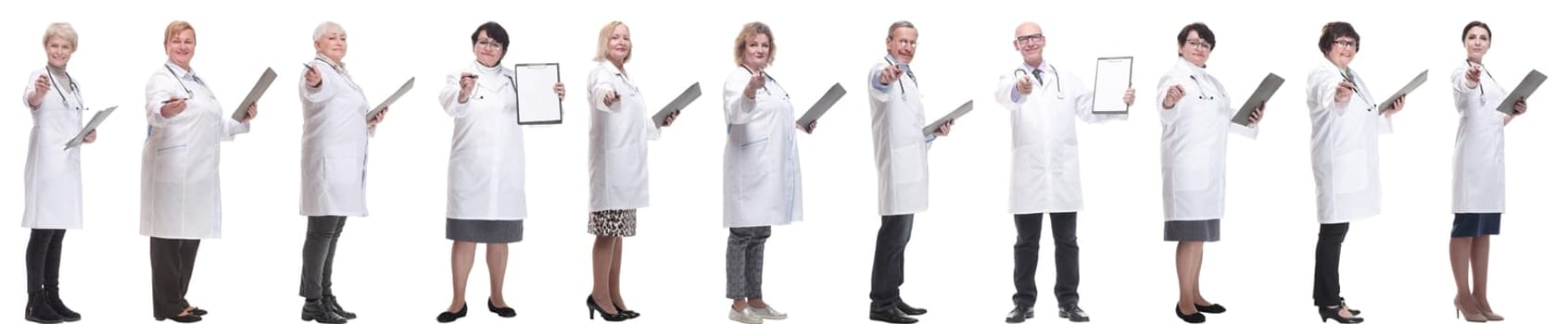 full length group of doctors with notepad isolated on white background