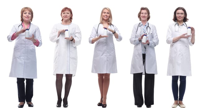 group of doctors holding jar isolated on white background