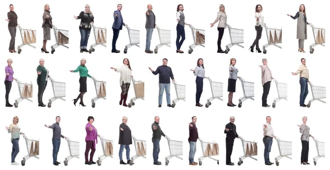 group of people with shopping cart on white background