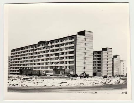 USSR - CIRCA 1970s: Vintage photo shows construction of blocks of flats in USSR. Winter time.