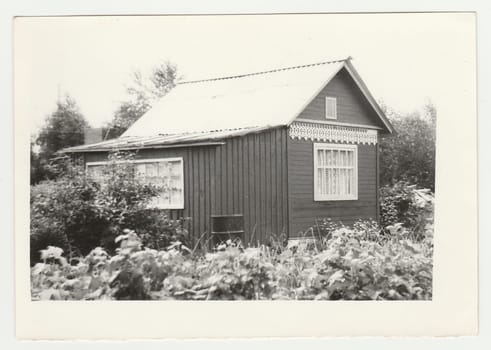 USSR - CIRCA 1980s: Vintage photo shows a gardening cabin. Black & white photo.