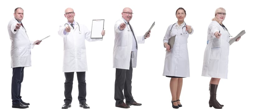 full length group of doctors with notepad isolated on white background