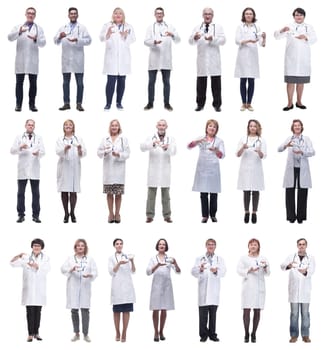 group of doctors holding jar isolated on white background