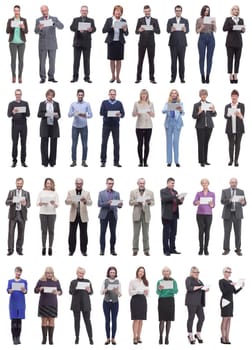 group of people holding tablet and looking into it isolated on white background