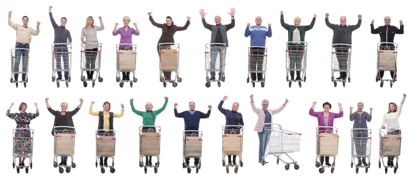 group of people with cart raised their hands up isolated on white background