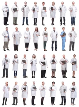 full length group of doctors with notepad isolated on white background