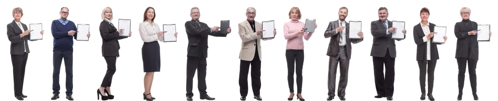 group of successful people with notepad in hands isolated on white background