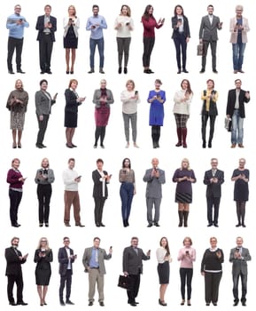 group of people holding phone in hand and looking at camera isolated on white background