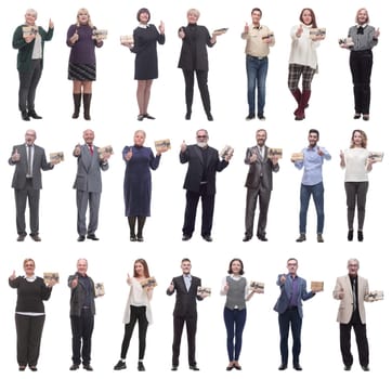 group of happy people with gifts in their hands isolated on white background