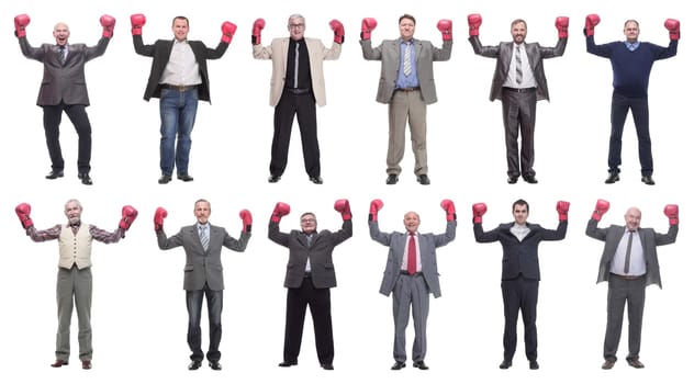 collage of businessmen in boxing gloves isolated on white background