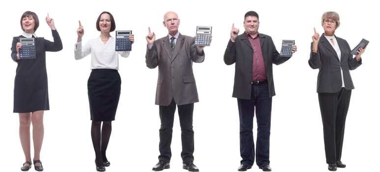 Collage of people with calculator isolated on white background