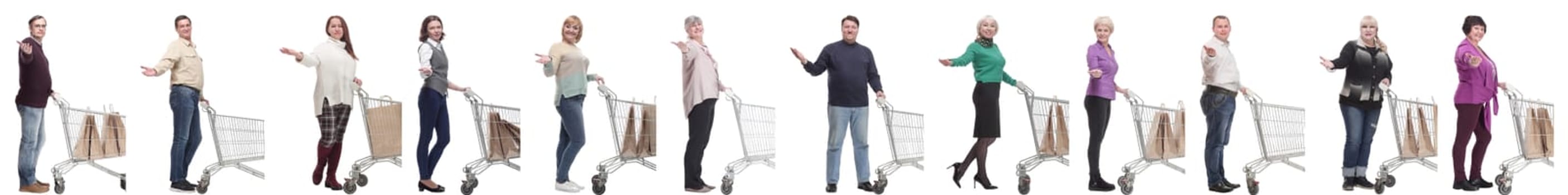 group of people with shopping cart on white background