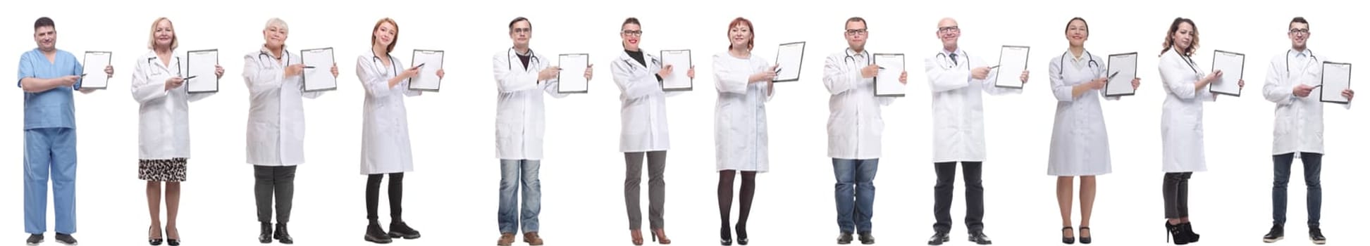 full length group of doctors with notepad isolated on white background