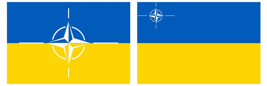 Flag in the national colors of Ukraine with the NATO graphic sign. A country in the east of Europe. Security organization.