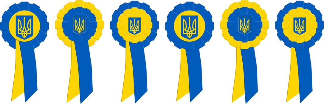 Graphic symbol in the form of kotylions made of ribbons with the coat of arms in the national colors of Ukraine inscribed in the center.