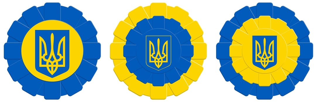 Graphic symbol in the form of kotylions made of ribbons with the coat of arms in the national colors of Ukraine inscribed in the center. A country in the east of Europe.