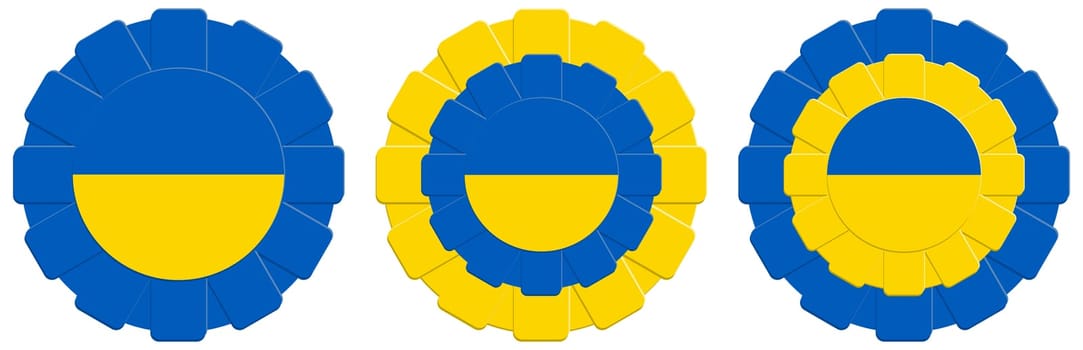 Graphic symbol in the form of kotylions made of ribbons with the symbol of the flag in the national colors of Ukraine inscribed in the center. A country in the east of Europe.