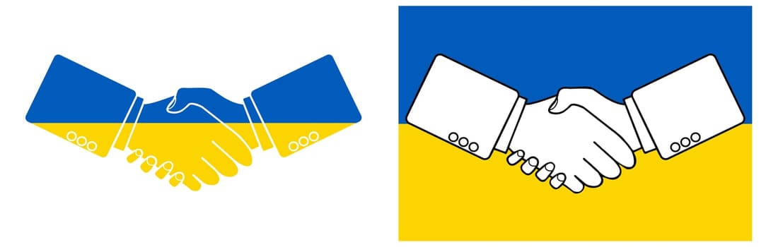 Graphic symbol of a handshake against the colors of the Ukrainian flag as a sign of reconciliation. A country in eastern Europe.