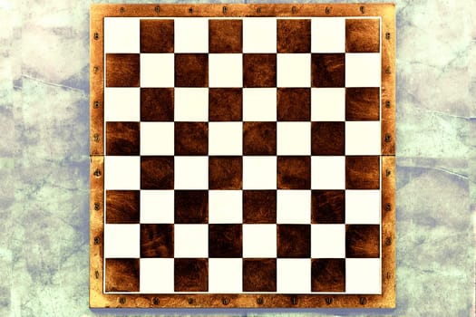 a square board divided into sixty-four alternating dark and light squares, used for playing chess or checkers.