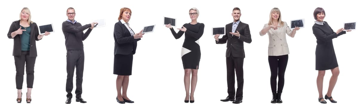 group of people demonstrating tablet isolated on white background