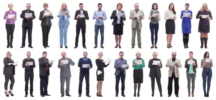 group of people holding tablet and looking into it isolated on white background