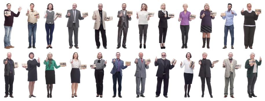 group of happy people with gifts in their hands isolated on white background