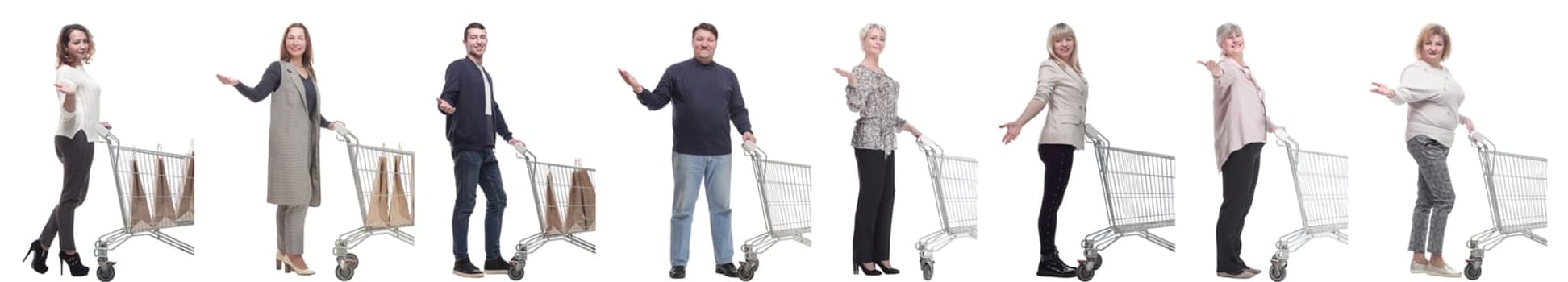 group of people with shopping cart on white background