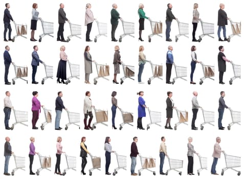 group of people with cart looking ahead isolated on white background