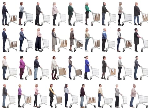 group of people with cart looking ahead isolated on white background