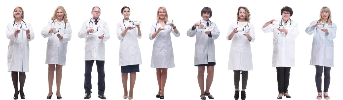 group of doctors holding jar isolated on white background