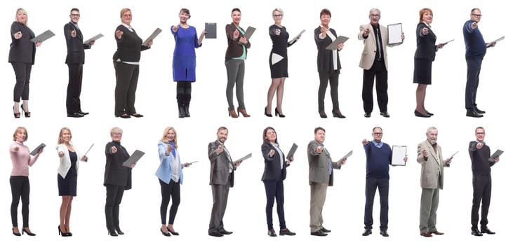 group of successful people with notepad in hands isolated on white background