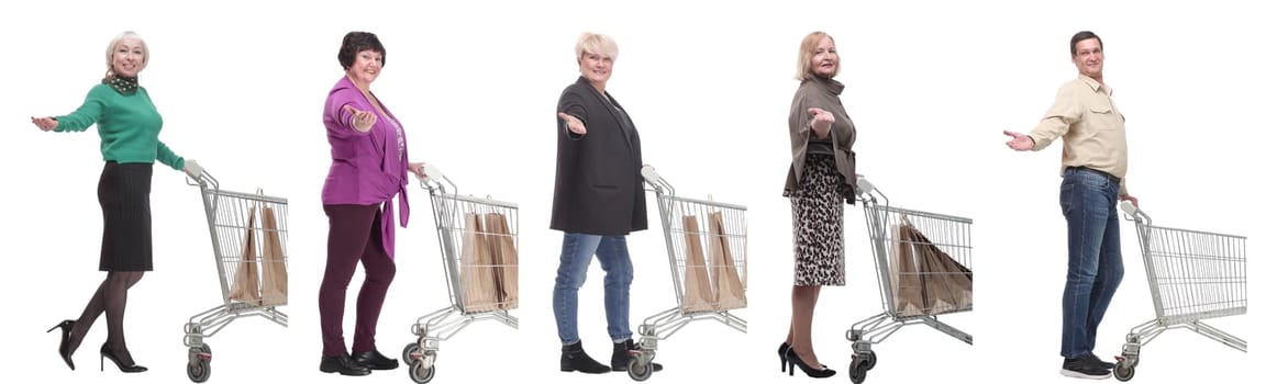 group of people with shopping cart on white background