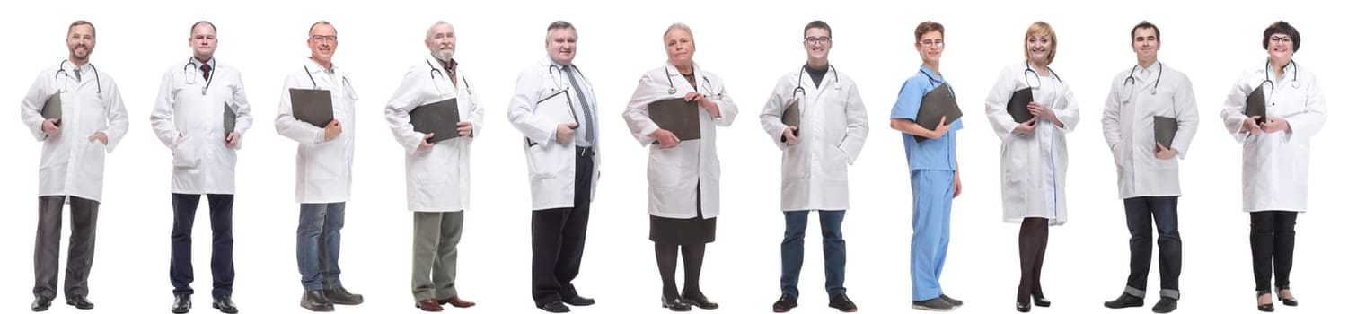 full length group of doctors with notepad isolated on white background