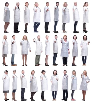 group of doctors holding jar isolated on white background