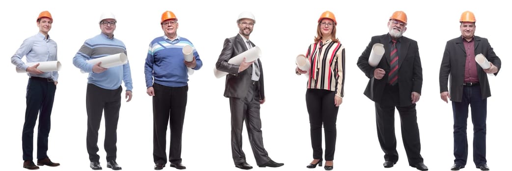 Collage of handsome architect hardhat with blueprints isolated on white