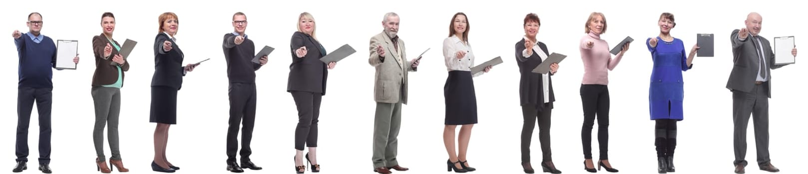 group of successful people with notepad in hands isolated on white background