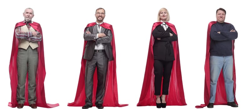 group of people in red raincoat isolated on white background