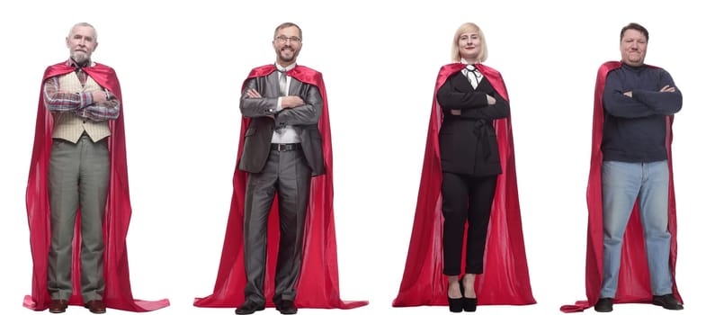 group of people in red raincoat isolated on white background