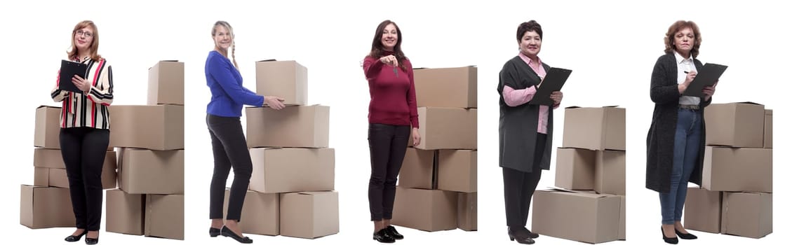 Collage of people lifting heavy cardboard box isolated on white background.